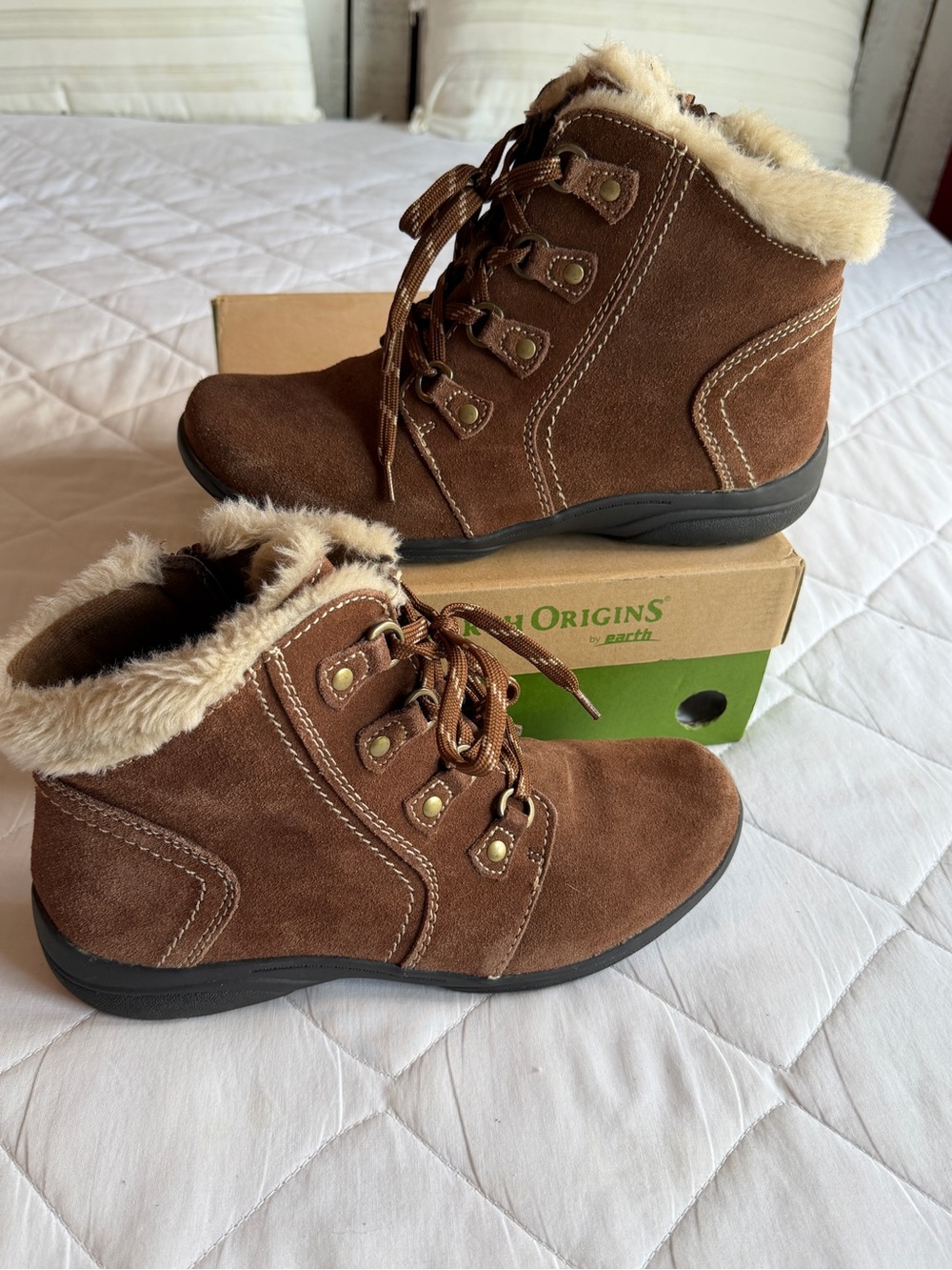 Earth Origins Brown Suede Lace-Up Faux-Fur Ankle Boots